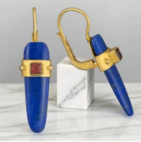 18k Gold Plated Luxury Lapis Lazuli Ruby Crystal Bar Earrings - Picture 1 of 5